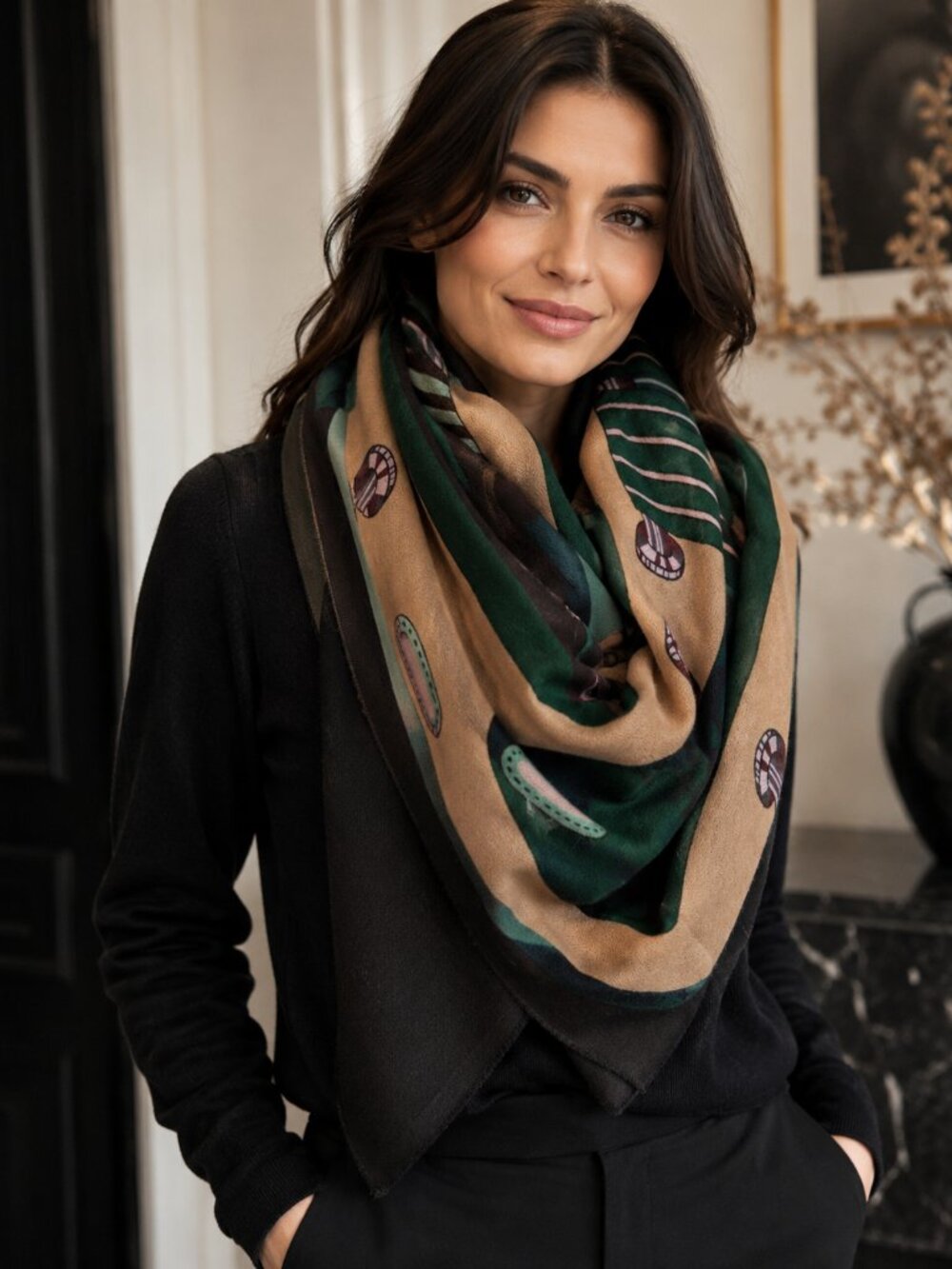 Women's Brown Green Oversized Wrap Shawl 70x34 In